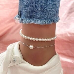 2 pcs Faux Pearl Anklet Silver Plated Chain